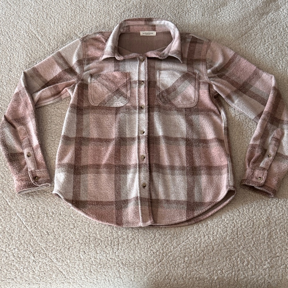 beachlunchlounge Plaid Button Down Shirt in Pink and Brown Small - Picture 1 of 7